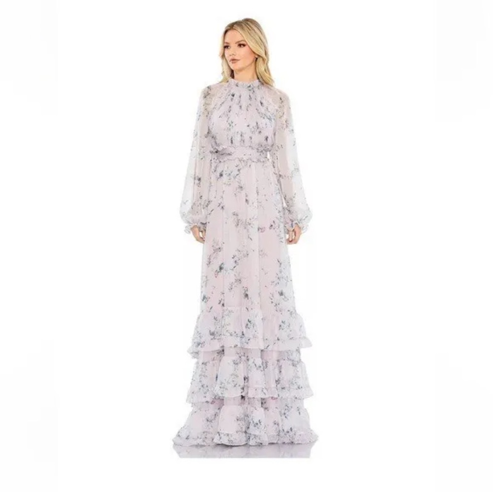 Mac Duggal Pale Lavender Floral Ruffled Chiffon Maxi Dress